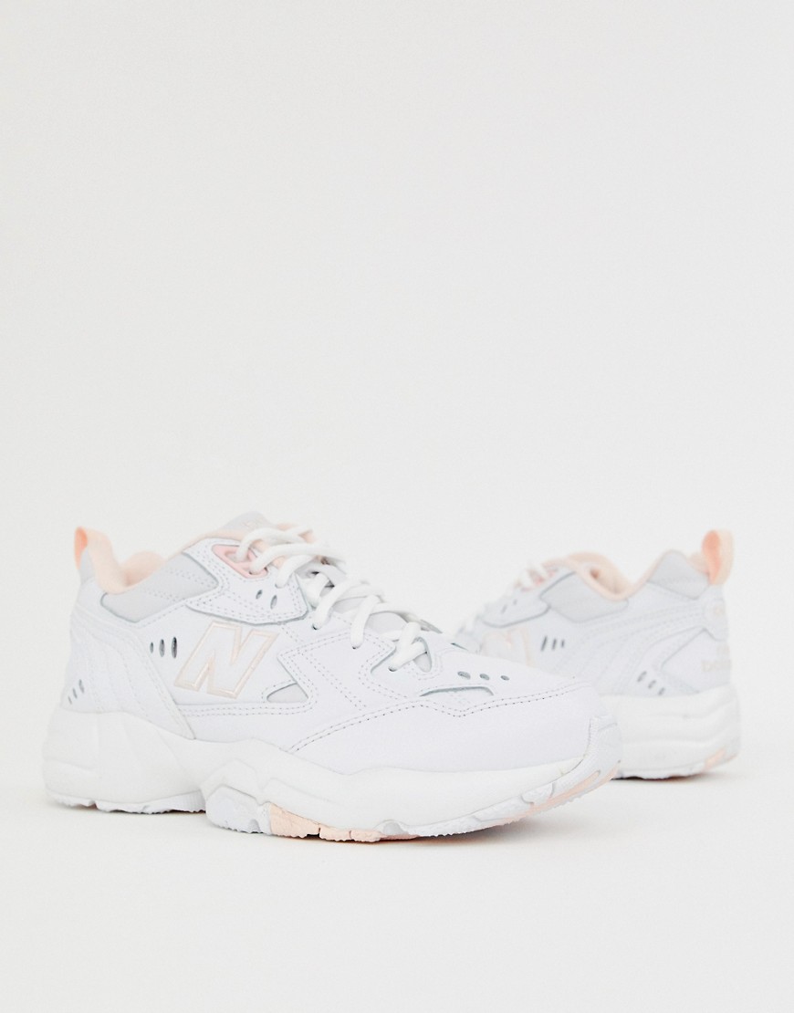 New Balance 608 white and pink chunky trainers