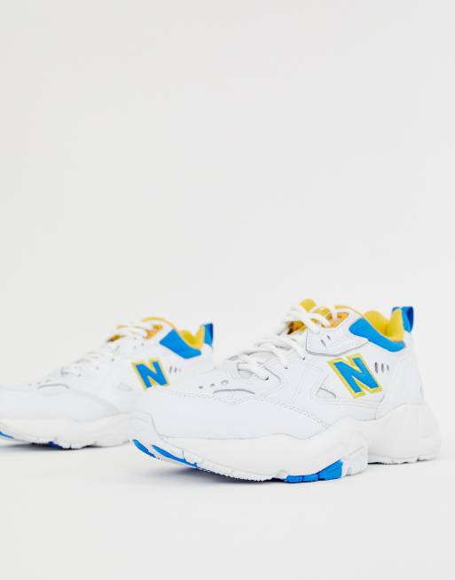 New Balance 608 white with blue and yellow chunky sneakers