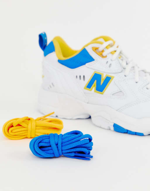 New Balance 608 white with blue and yellow chunky sneakers