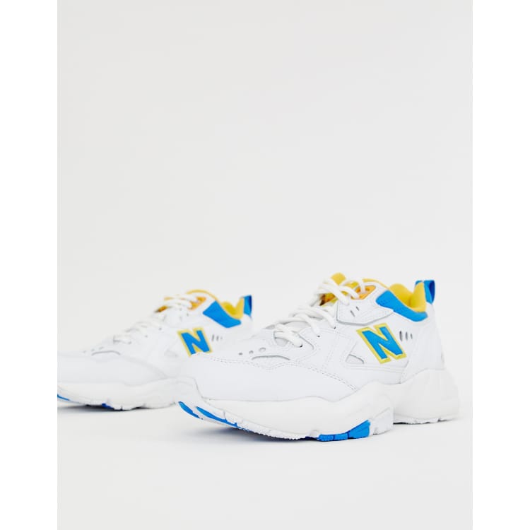 New Balance 608 white with blue and yellow chunky trainers ASOS