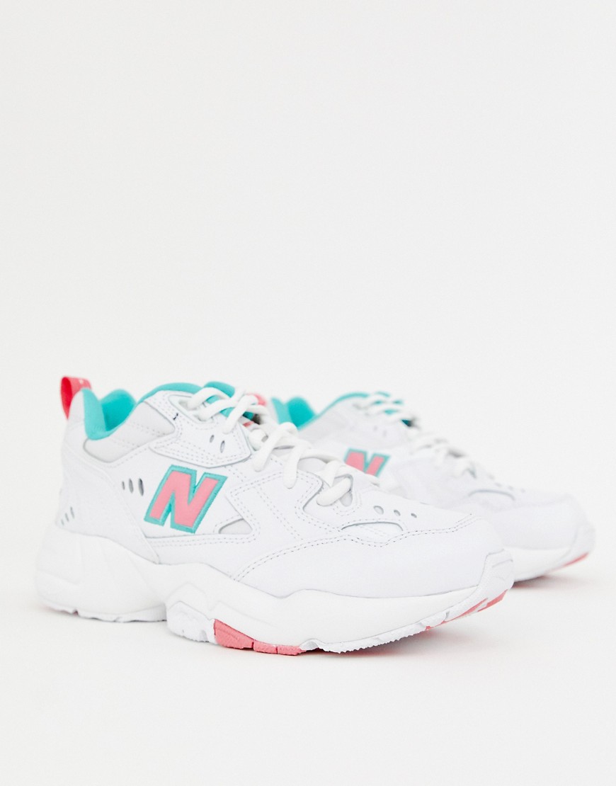 New Balance 608 white with pink and green chunky trainers-Multi