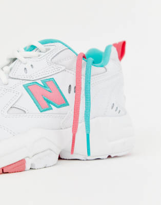 new balance 608 white with pink and green chunky trainers