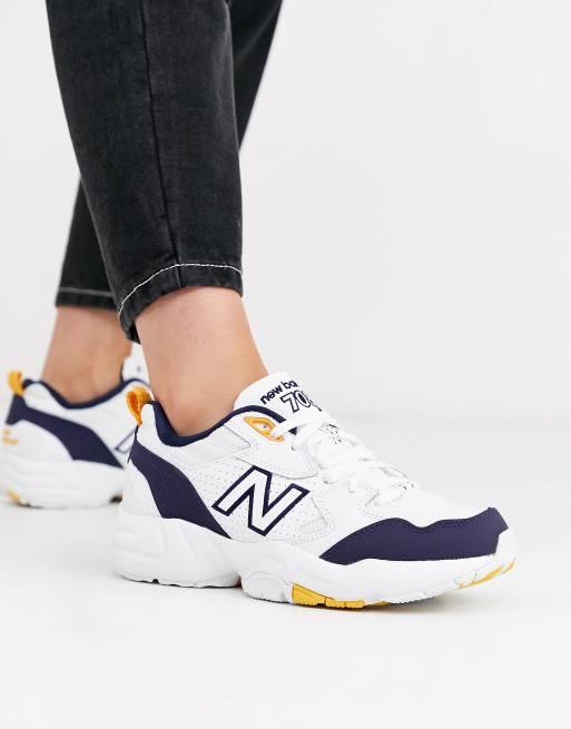 New Balance 708 chunky sneakers in white navy