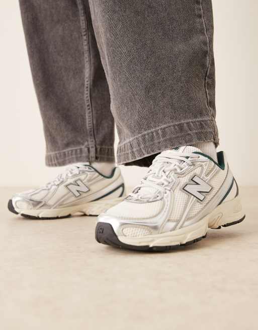 New Balance 740 metallic unisex trainers in white and dark green, 2 of 5