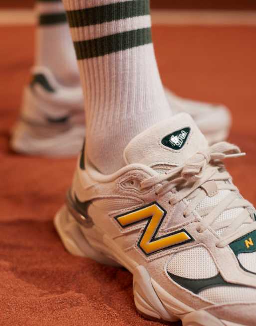 New Balance 9060 collegiate sneakers in white green and gold