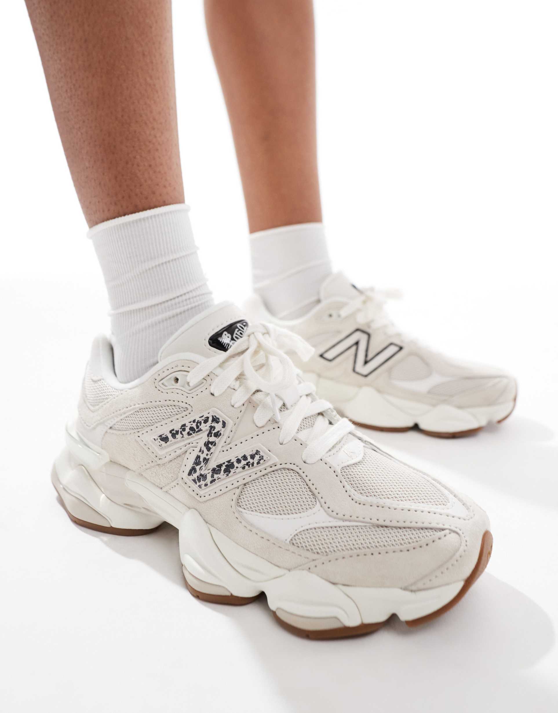new balance 9060 sneakers in beige with leopard print detailing