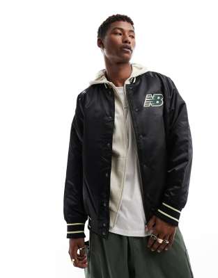 New Balance Men's Athletics Varsity Satin Bomber Jacket In Black/nightwatch Green