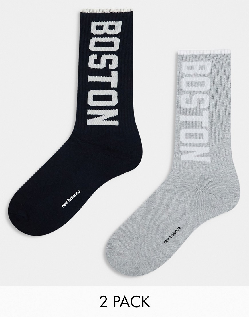 New Balance Boston logo crew sock 2 pack in black/grey-Multi