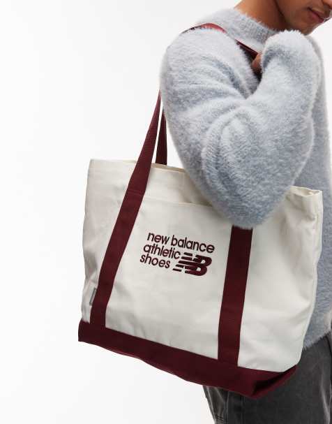 New Balance canvas tote bag in off white and burgundy - view 1