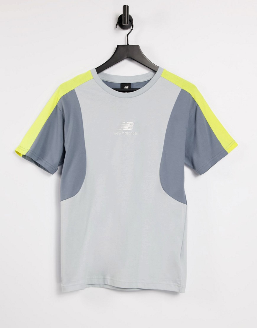 New Balance color block t-shirt in gray/yellow-Grey