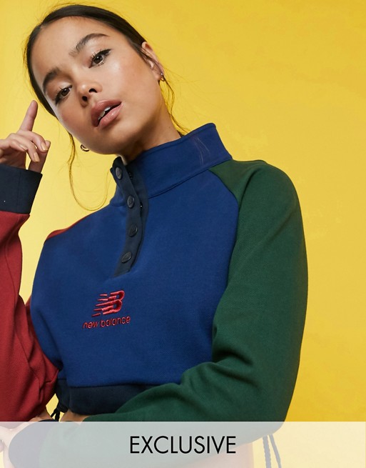 New Balance colourblock cropped sweatshirt with button collar - exclusive to ASOS