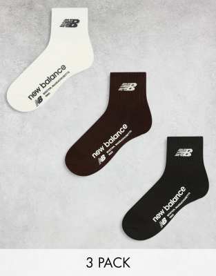 New Balance Confezione da 3 paia di calzini corti nero marrone e bianco con logo lineare ASOS