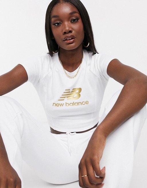 New Balance cropped metallic logo t-shirt in white