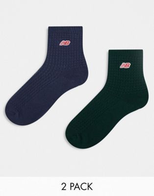 New Balance embroidered logo waffle mid sock 2 pack in green/blue