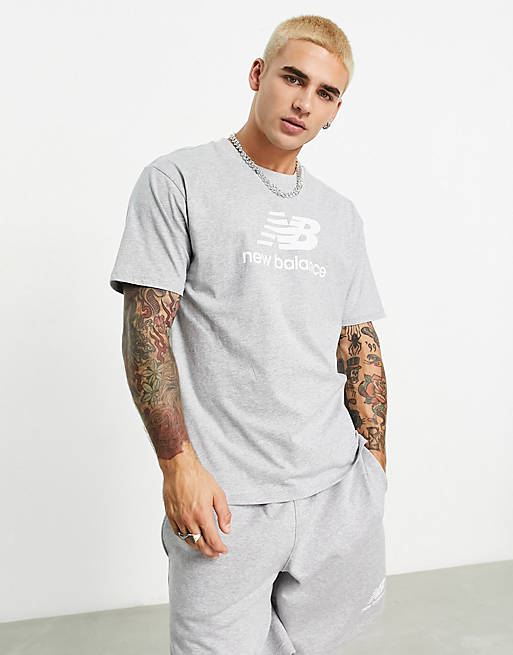 New Balance essentials stacked logo t-shirt in grey | ASOS