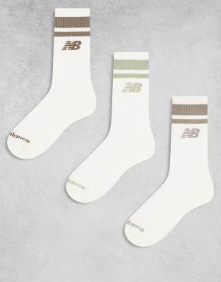 New Balance - Everyday - Lot de 3 paires de chaussettes mi-hautes à bandes rayées - Blanc cassé