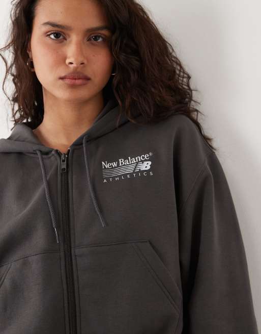 New Balance felpa con cappuccio in pile con zip intera grigia, 3 di 4