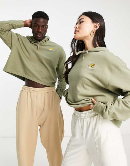 New Balance - Felpa corta unisex con cappuccio e logo verde oliva