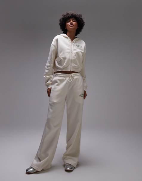 New Balance fleece wide leg trackies in beige - view 1