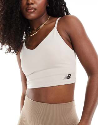 New Balance Linear Heritage soft bra top in moonrock grey