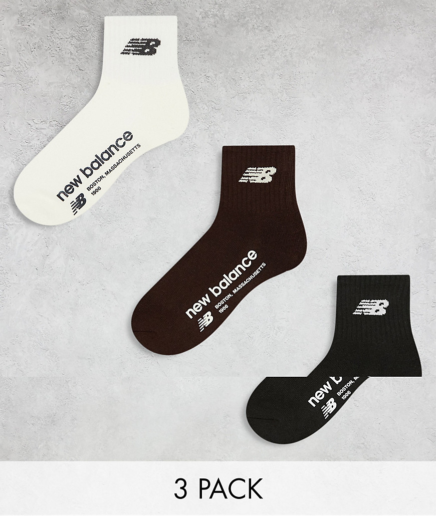 New Balance Linear logo 3 pack ankle socks in black, brown and white-Multi