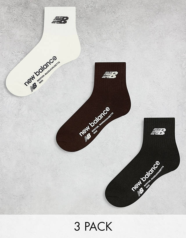 New Balance - linear logo 3 pack ankle socks in black, brown and white
