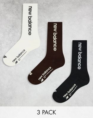 New Balance Linear logo 3 pack crew socks in black, brown and white