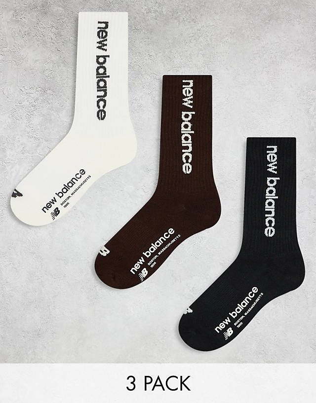 New Balance - linear logo 3 pack crew socks in black, brown and white