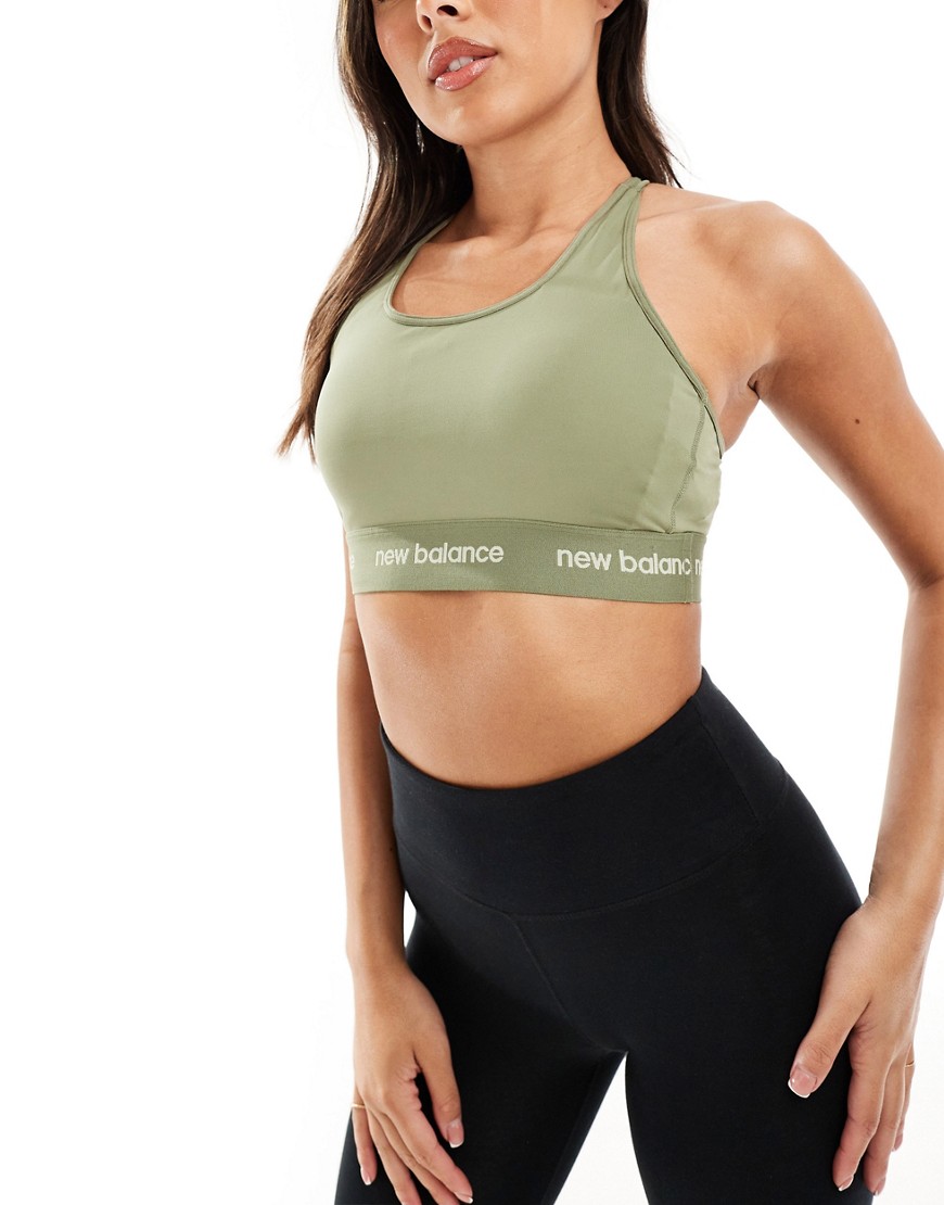 New Balance linear logo medium support sleek sports bra in olive green