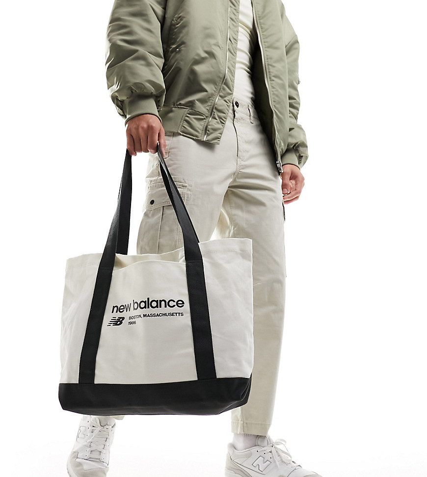 new balance linear logo tote bag in canvas and charcoal-white