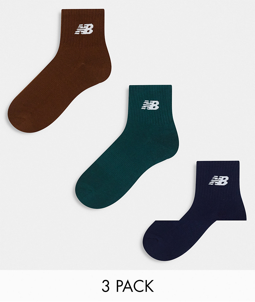 New Balance logo 3 pack trainer socks in khaki, navy and brown-Multi