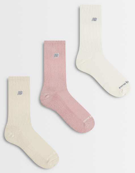 New Balance logo patch 3 pack of mid-ankle socks in off white, beige and pink - view 1