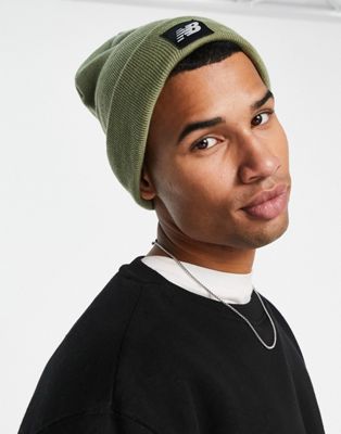 New Balance logo patch beanie in olive green