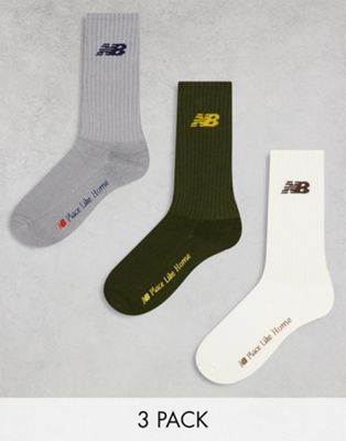 New Balance NB Place like Home 3 pack crew socks in white, grey and khaki