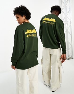 New Balance NB Place Like Home oversized unisex long sleeve t-shirt in dark green and mustard - Exclusive to ASOS