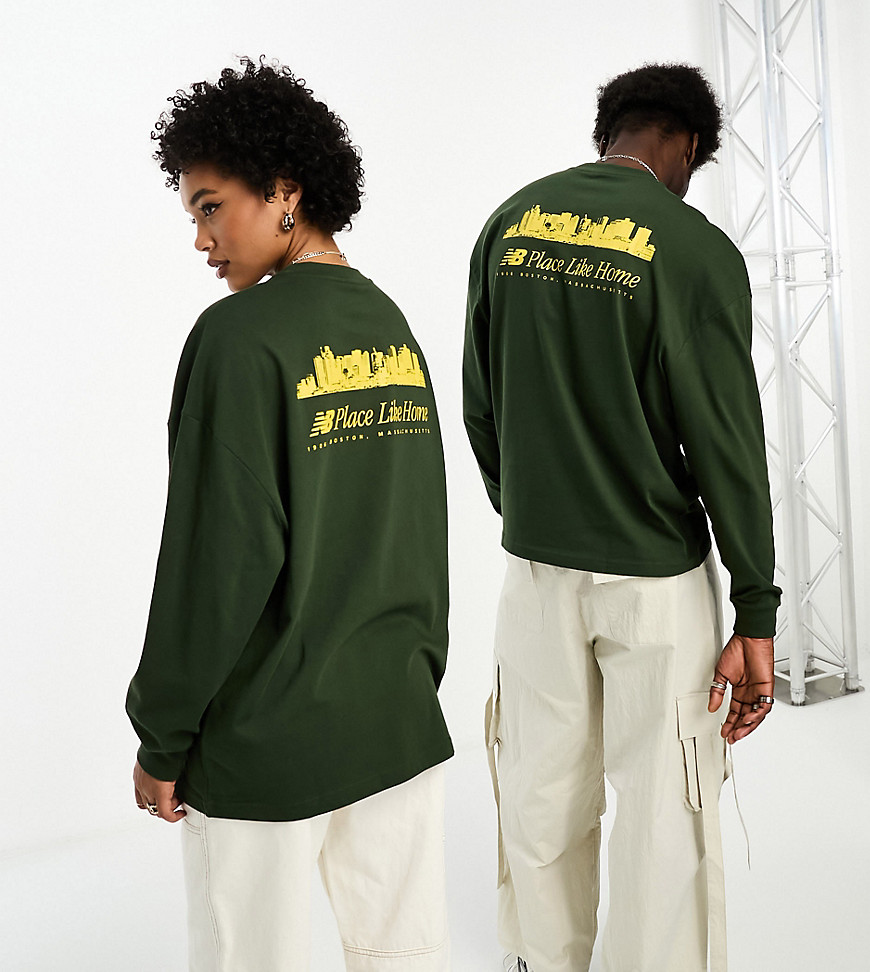 New Balance NB Place Like Home oversized unisex long sleeve t-shirt in dark green and mustard - Exclusive to ASOS
