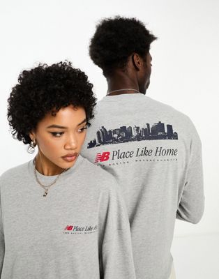 New Balance NB Place Like Home oversized unisex long sleeve t-shirt in grey marl and navy - Exclusive to ASOS