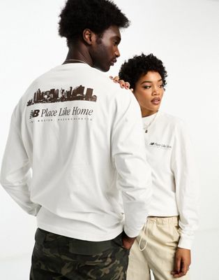 New Balance Nb Place Like Home Oversized Unisex Long Sleeve T-shirt In Off White And Brown - Exclusive To Asos-n In Neutral