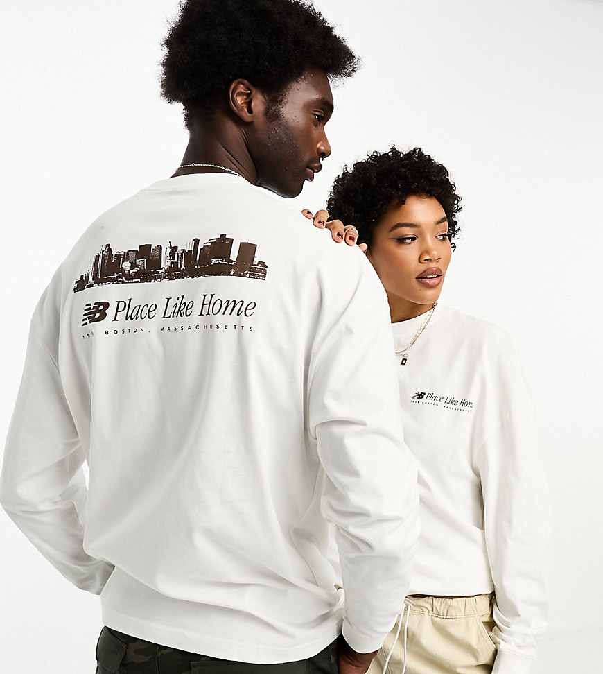 New Balance NB Place Like Home oversized unisex long sleeve t-shirt in off white and brown - Exclusive to ASOS-Neutral