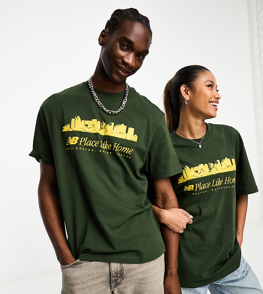 New Balance NB Place Like Home oversized unisex t-shirt in dark green and mustard - Exclusive to ASO