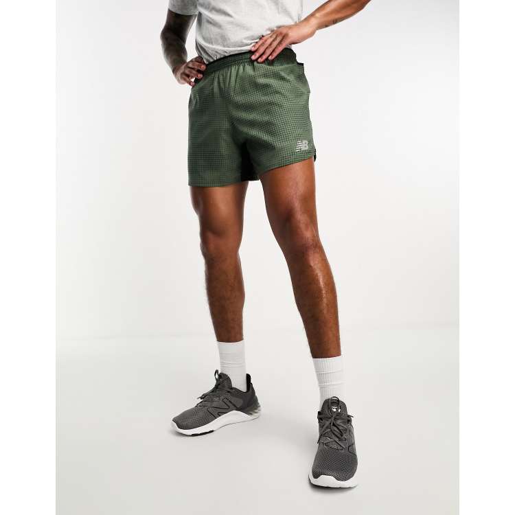 New Balance Printed Impact Run 5 Inch shorts in khaki