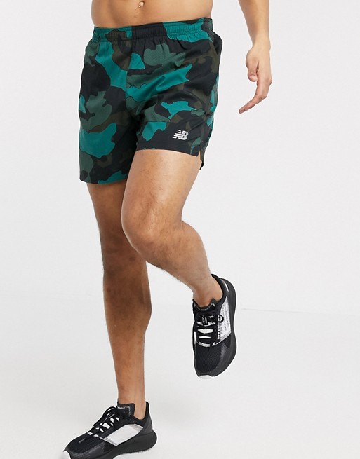 New Balance Running accelerate 5 inch shorts in green camo print