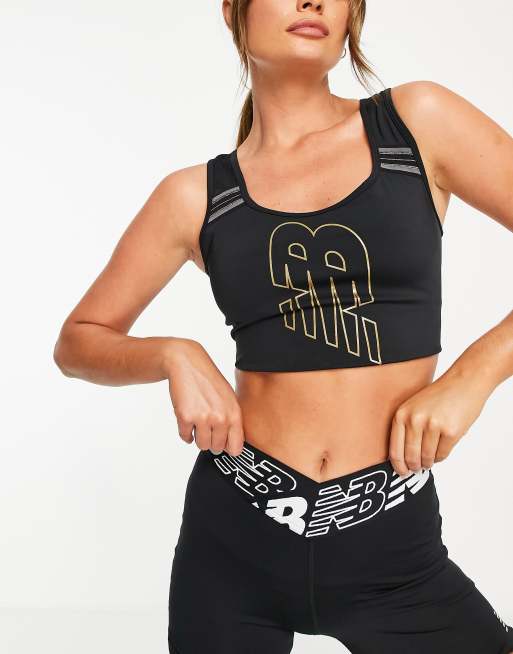 New Balance Running Achiever graphic light support long line sports bra in  black