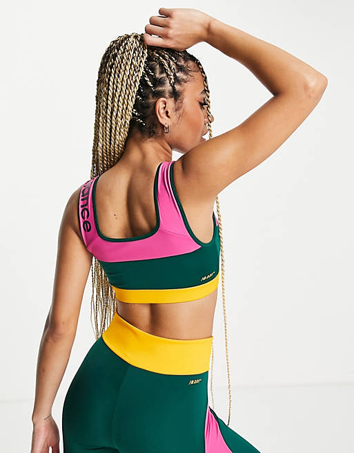 Sportswear New Balance Running Achiever Remix colour block light support long line sports bra in pink exclusive to  