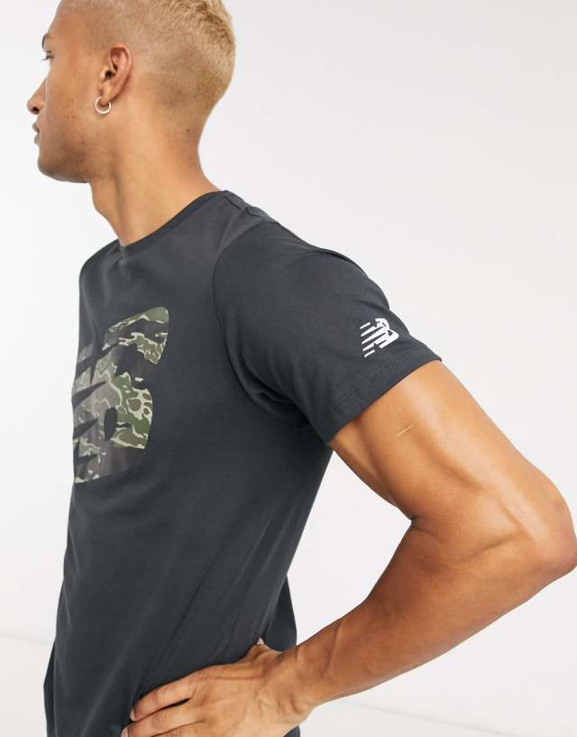 New Balance Running heathertech camo logo T-shirt in black