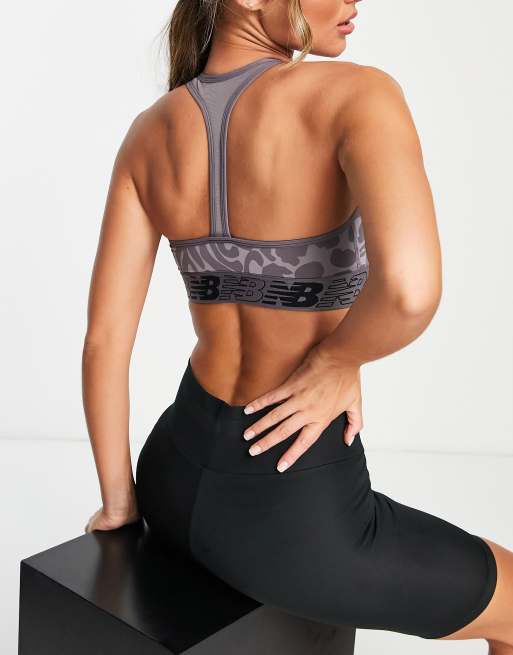 New Balance Running Relentless Pace medium support sports bra in leopard  print