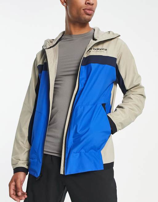 New Balance - R.W. Tech - Jack met capuchon en kleurvlakken in grijs en blauw 