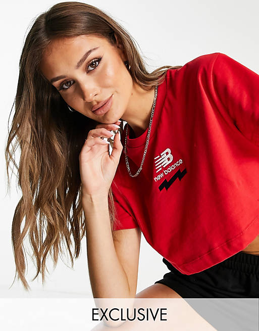 New Balance taped cropped t-shirt in red - exclusive to ASOS