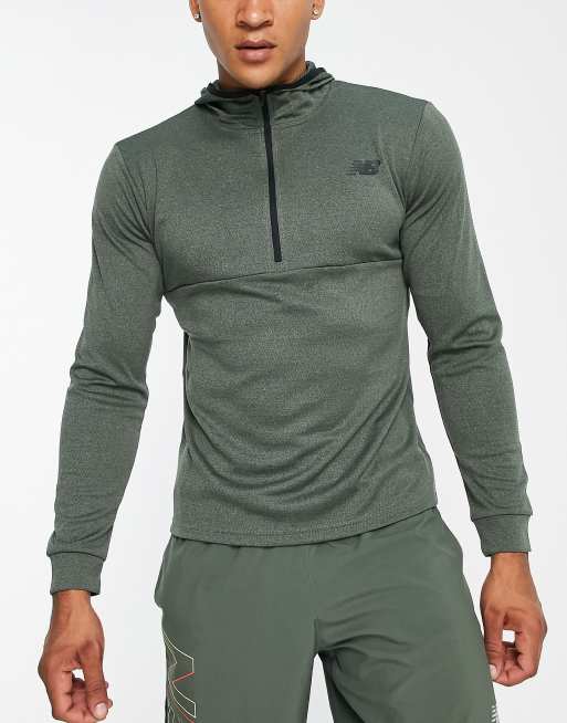 New Balance - Tenacity - Top da allenamento kaki a maniche lunghe con zip corta e cappuccio 