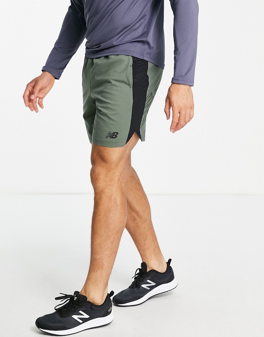 New Balance Tenacity training 7 inch logo shorts in khaki-Green
